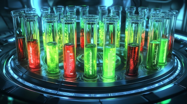 Free photo view of laboratory equipment in neon lights