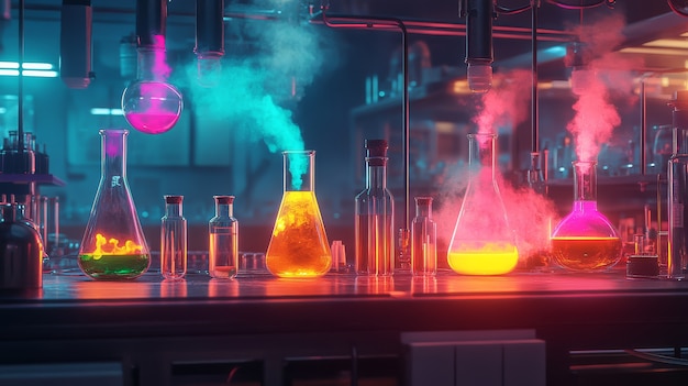 Free photo view of laboratory equipment in neon lights