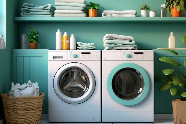 Free photo view of laundry room with washing machine and retro colors