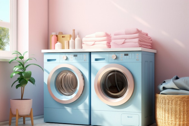 Free photo view of laundry room with washing machine and retro colors