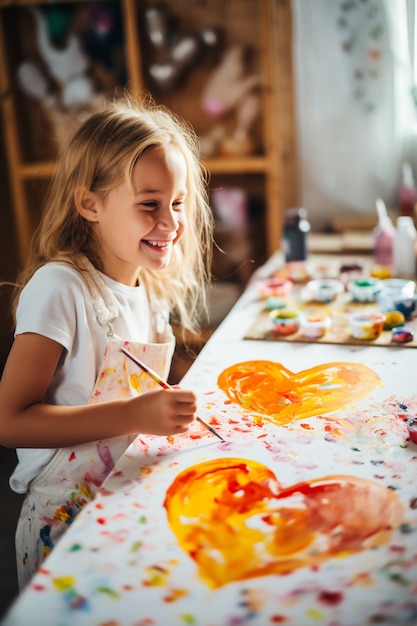 Free photo view of little girl drawing heart shape on paper