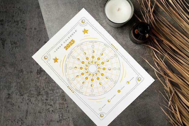 Above view lunar calendar and candle