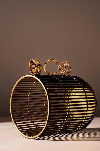 View of luxurious golden ring on basket