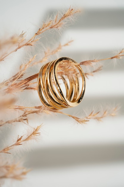 Free photo view of luxurious golden ring with dry plant