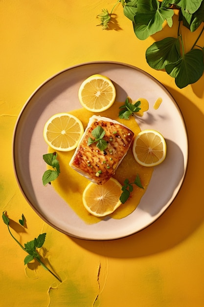 Free photo view of mahi-mahi fish dish with lemon slices