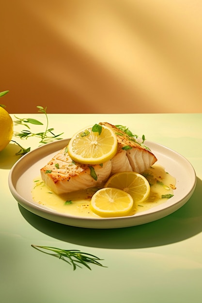 Free photo view of mahi-mahi fish dish with lemon slices