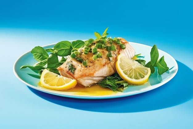 Free photo view of mahi-mahi fish dish with lemon slices