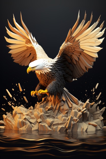 View of majestic 3d eagle with feathers and wings wide open