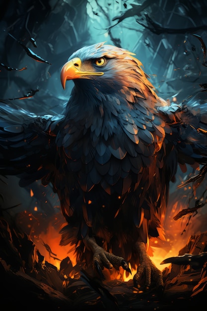 View of majestic 3d eagle with feathers