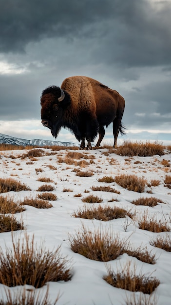 Free photo view of majestic bison in its natural habitat during a winter day