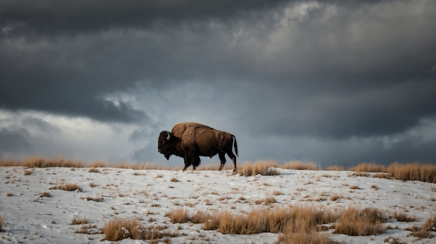 Free photo view of majestic bison in its natural habitat during a winter day