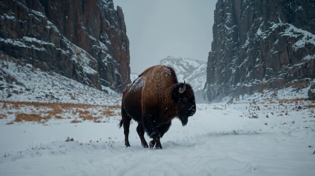 View of majestic bison in its natural habitat during a winter day