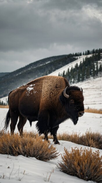 View of majestic bison in its natural habitat during a winter day