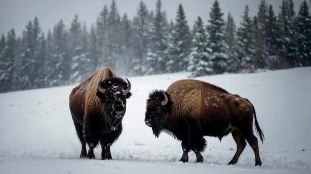 View of majestic bison in its natural habitat during a winter day