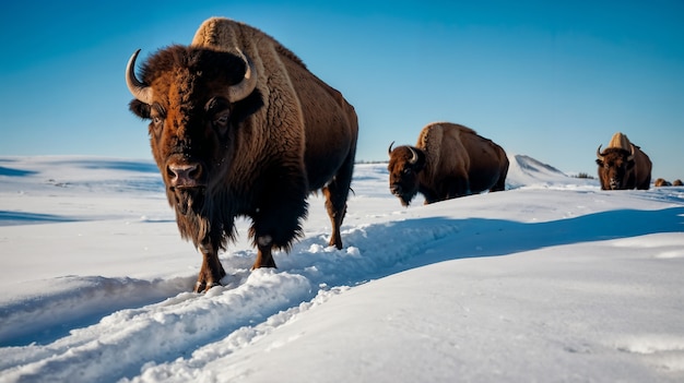 View of majestic bison in its natural habitat during a winter day