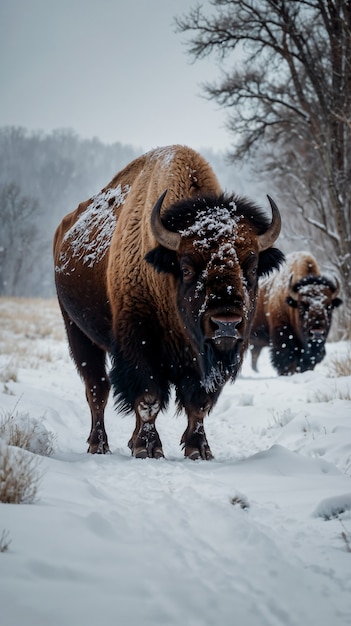 View of majestic bison in its natural habitat during a winter day