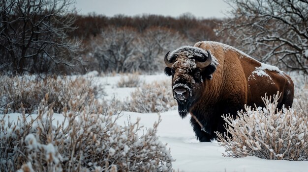 View of majestic bison in its natural habitat during a winter day