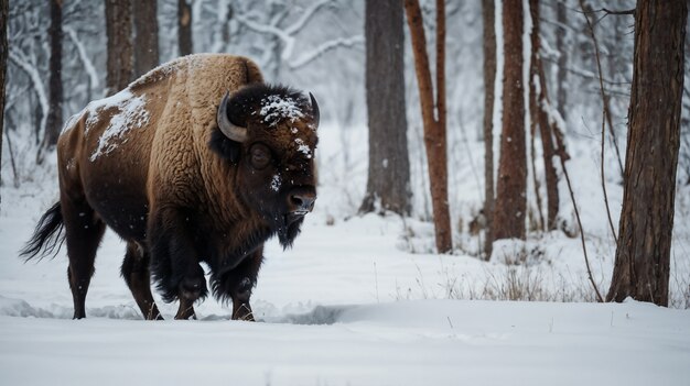 View of majestic bison in its natural habitat during a winter day