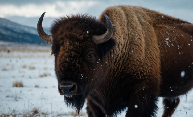 View of majestic bison in its natural habitat during a winter day