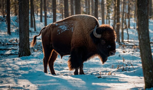 View of majestic bison in its natural habitat during a winter day