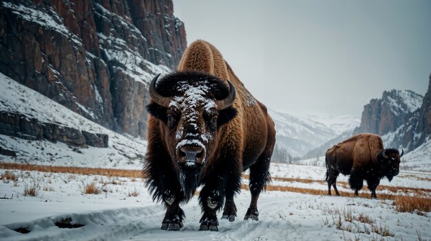 View of majestic bison in its natural habitat during a winter day