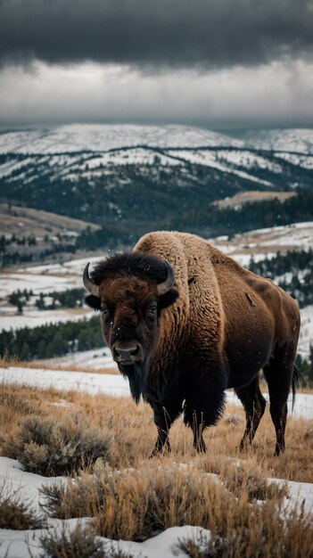 View of majestic bison in its natural habitat during a winter day