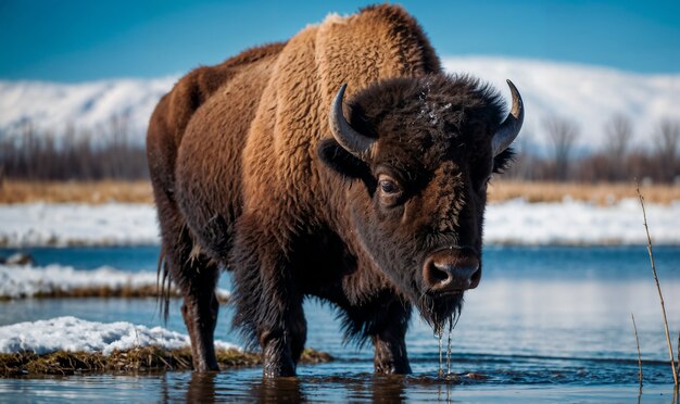 View of majestic bison in its natural habitat during a winter day