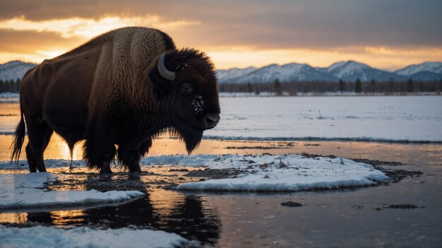 View of majestic bison in its natural habitat during a winter day