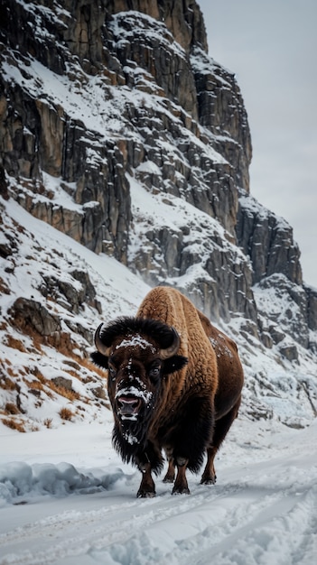 Free Photo view of majestic bison in its natural habitat during a winter day