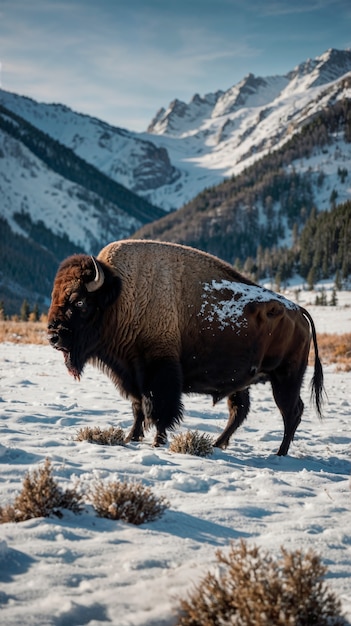 View of majestic bison in its natural habitat during a winter day