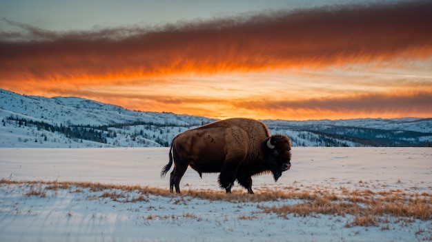 View of majestic bison in its natural habitat during a winter day