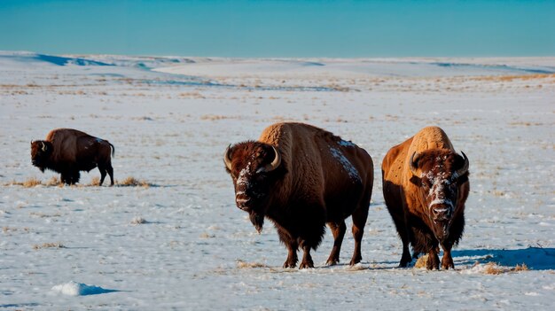 View of majestic bison in its natural habitat during a winter day