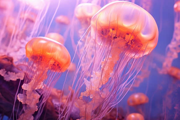 View of majestic jellyfish swarm in the ocean