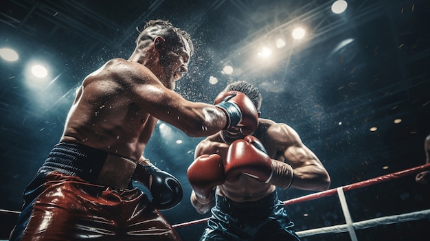 View of male boxing opponents during match