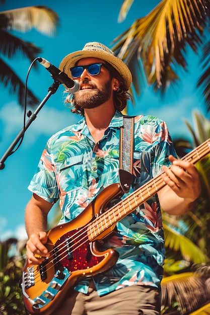 Free photo view of man playing electric guitar instrument