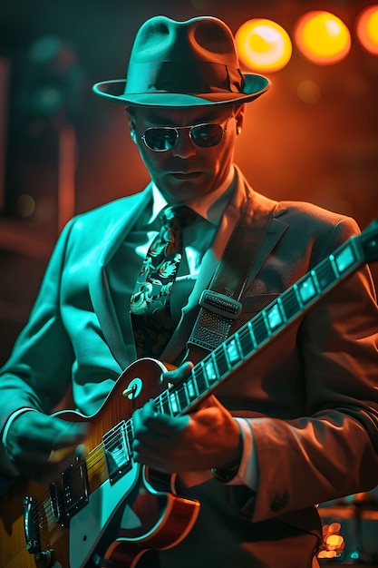 Free photo view of man playing electric guitar instrument