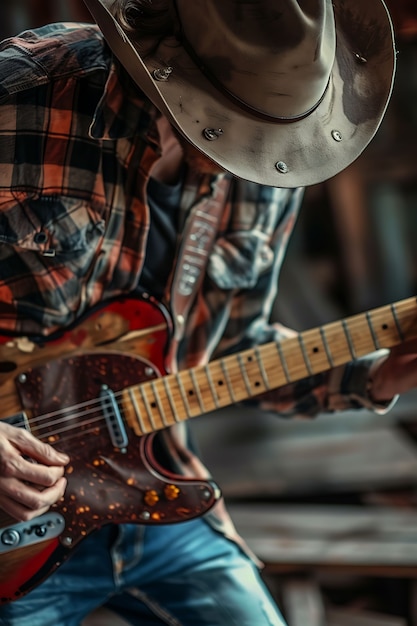 Free photo view of man playing electric guitar instrument