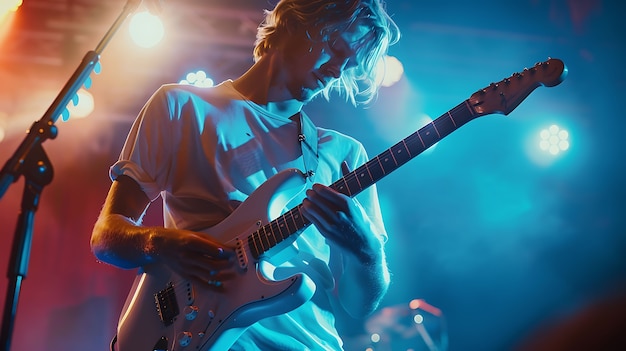 View of man playing electric guitar instrument