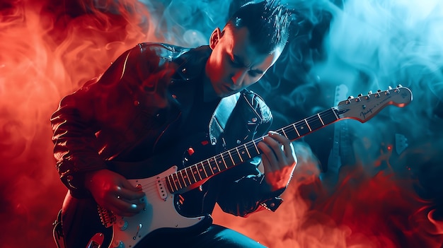 Free Photo view of man playing electric guitar instrument