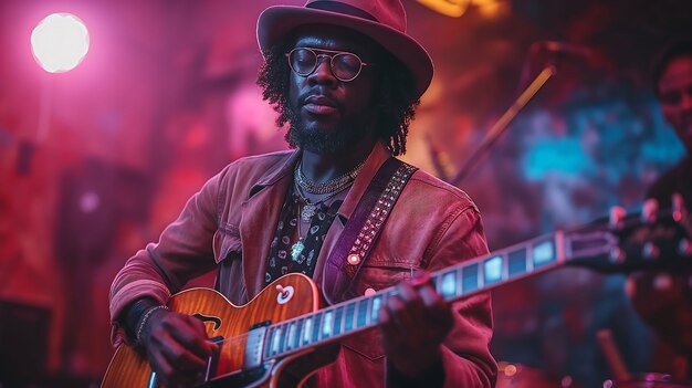 View of man playing electric guitar instrument