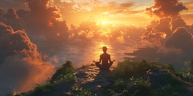 Free photo view of man practicing mindfulness and yoga in a fantasy setting