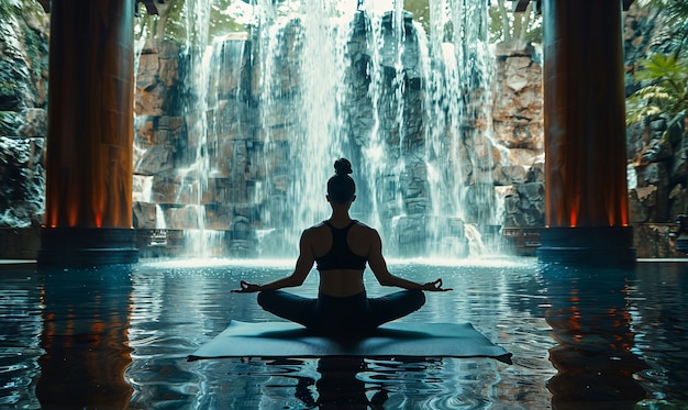 View of man practicing mindfulness and yoga in a fantasy setting