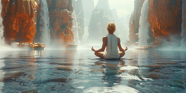 View of man practicing mindfulness and yoga in a fantasy setting