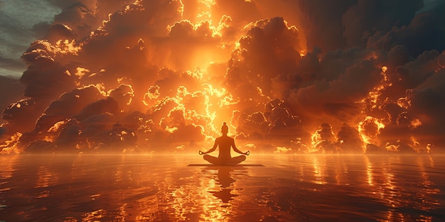 View of man practicing mindfulness and yoga in a fantasy setting