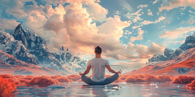 View of man practicing mindfulness and yoga in a fantasy setting