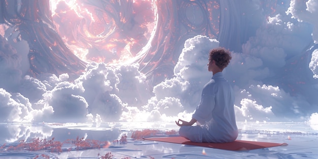 Free photo view of man practicing mindfulness and yoga in a fantasy setting