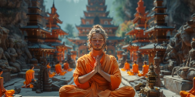 Free photo view of man practicing mindfulness and yoga in a fantasy setting