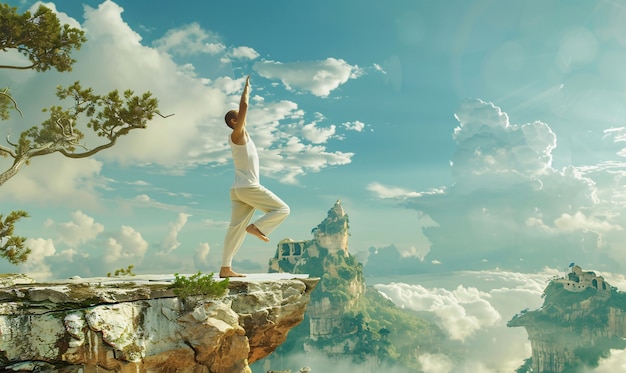 View of man practicing mindfulness and yoga in a fantasy setting