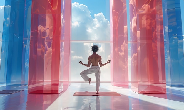 View of man practicing mindfulness and yoga in a fantasy setting