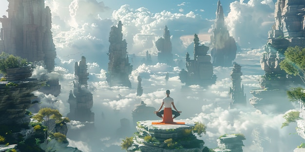 Free photo view of man practicing mindfulness and yoga in a fantasy setting